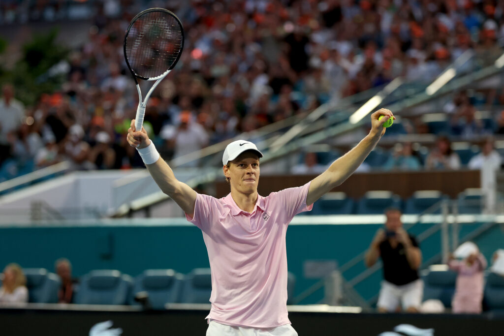 Jannik Sinner of Italy celebratres match point against Jiri Lehecka of Czechia during the Men's Singles Final of the Miami Open Presented by Itau at Hard Rock Stadium on March 29, 2026 in Miami Gardens, Florida.