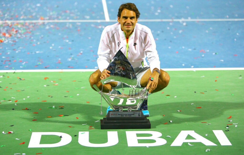 Roger Federer of Switzerland holds the trophy after winning the final match against Novak Djokovic of Serbia during men's singles Final match of the ATP Dubai Duty Free Tennis Championships at the Dubai Duty Free Stadium on February 28, 2015 in Dubai, United Arab Emirates.