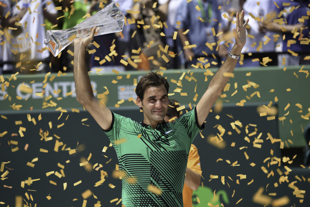 Roger Federer celebrates after winning the 2017 Miami Open