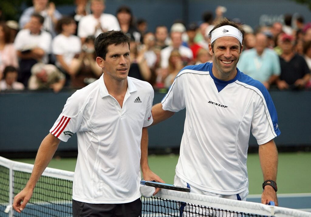 Tim Henman of England and Greg Rusedski of England walk off the court after their match during the U.S. Open at the USTA Billie Jean King National Tennis Center in Flushing Meadows Corona Park on August 30, 2006 in the Flushing neighborhood of the Queens borough of New York City.