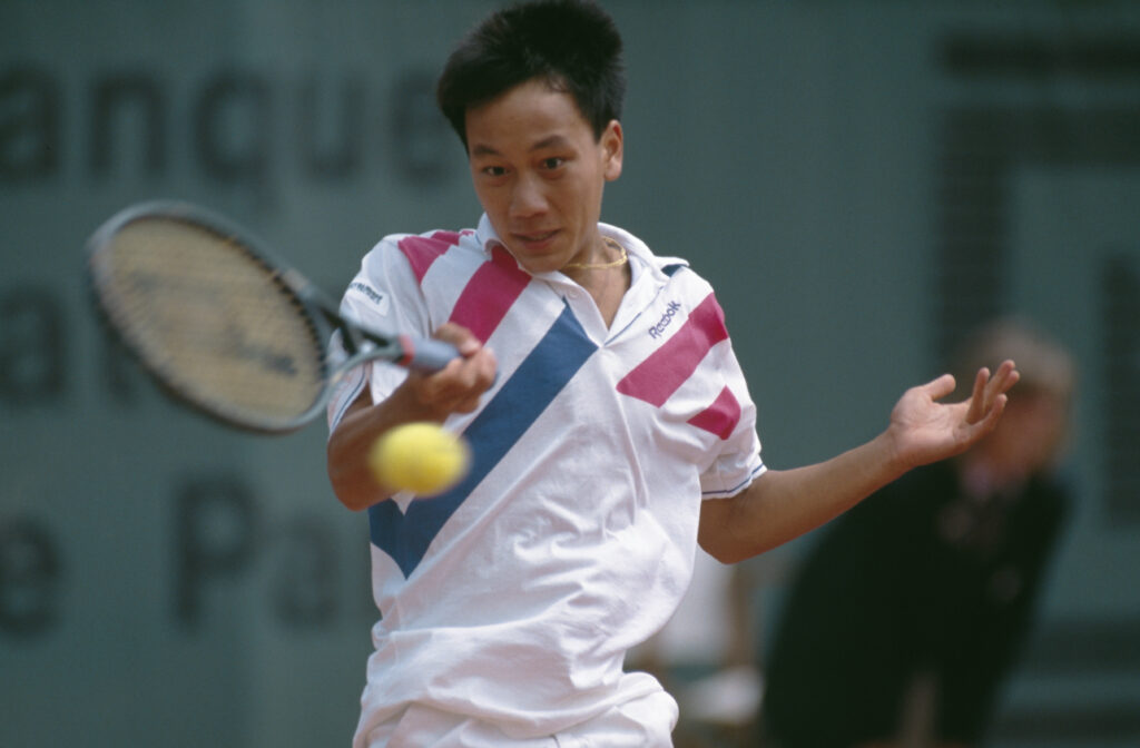 American tennis player Michael Chang at the French Open in Paris, 1989. He won the tournament, becoming the youngest male winner of a Grand Slam singles event at the age of 17.