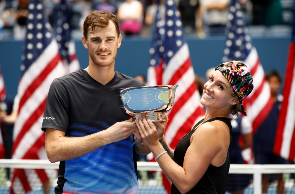 Jamie Murray of Great Britain and Bethanie Mattek-Sands of the United States poses with the trophy after winning the mixed doubles final match against Alicja Rosolska of Poland and Nikola Mektic of Croatia on Day Thirteen of the 2018 US Open at the USTA Billie Jean King National Tennis Center on September 8, 2018 in the Flushing neighborhood of the Queens borough of New York City.