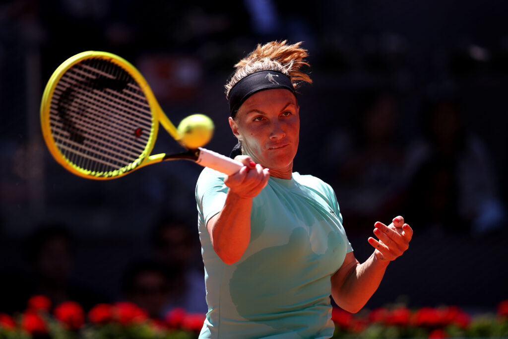 Svetlana Kuznetsova of Russia returns the ball in her match against Aryna Sabalenka of Belarus during day one of the Mutua Madrid Open at La Caja Magica on May 04, 2019 in Madrid, Spain.
