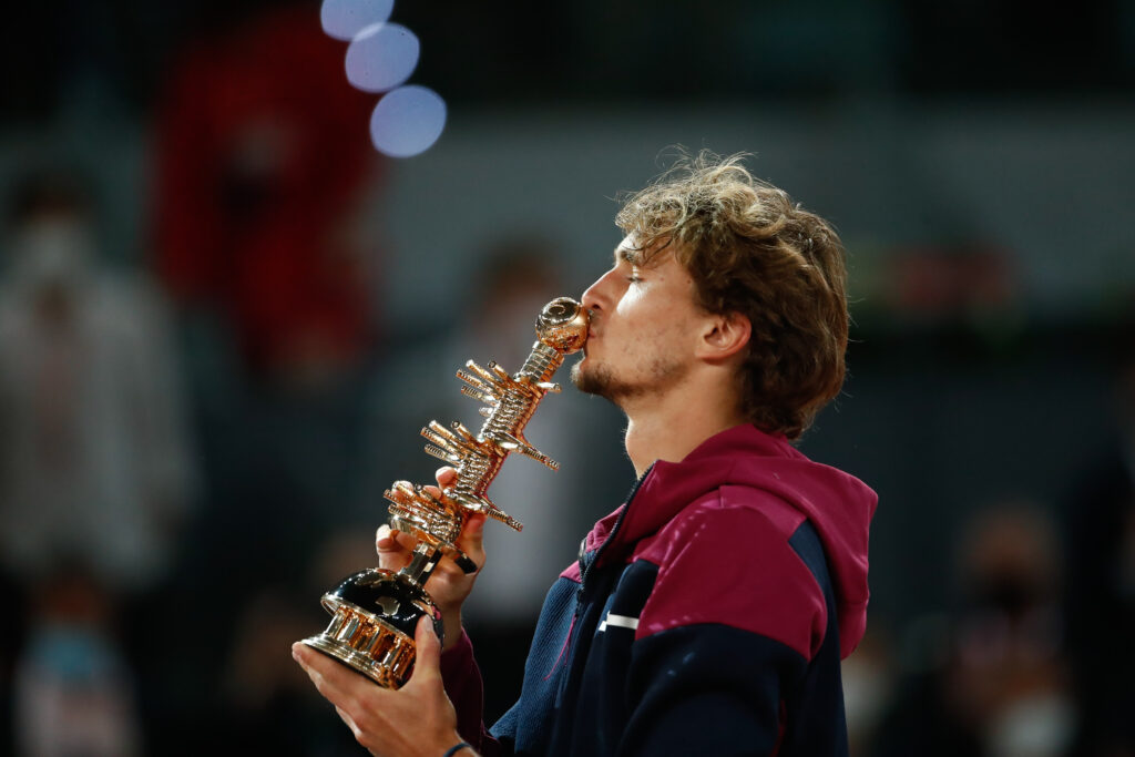 Alexander Zverev of Germany celebrates after winning the Men's Singles final match, against Matteo Berrettini (not seen) of Italy on the ATP Masters 1000 - Mutua Madrid Open 2021 at La Caja Magica on May 9, 2021 in Madrid, Spain.