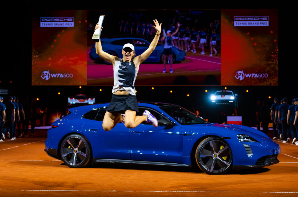Iga Swiatek celebrates after winning the 2023 Stuttgart Open