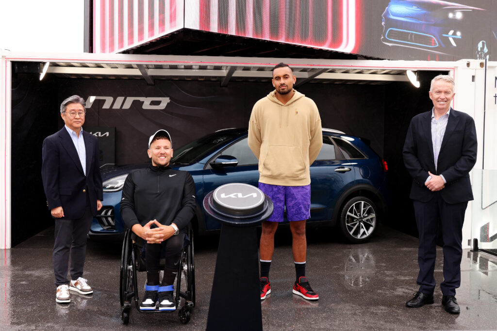 Australian Tennis stars Nick Kyrgios and Dylan Alcott pose for a photo with Australian Open Tournament Director Craig Tiley and Kia Motors Australia Chief Executive Officer James Cho