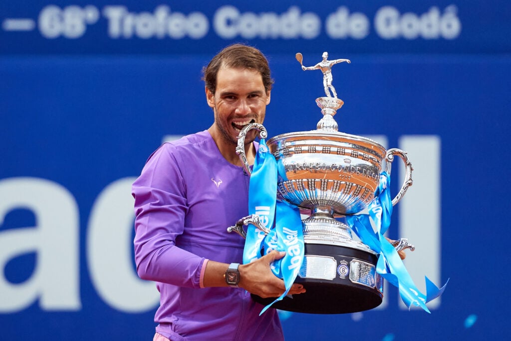Rafael Nadal of Spain poses with the trophy after his victory against Stefanos Tsitsipas of Greece in their final match during day seven of the Barcelona Open Banc Sabadell 2021 at Real Club de Tenis Barcelona on April 25, 2021 in Barcelona, Spain.
