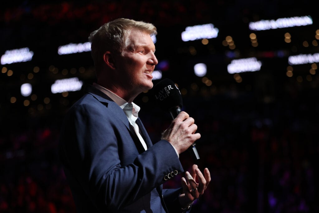 Jim Courier speaks during the 2021 Laver Cup
