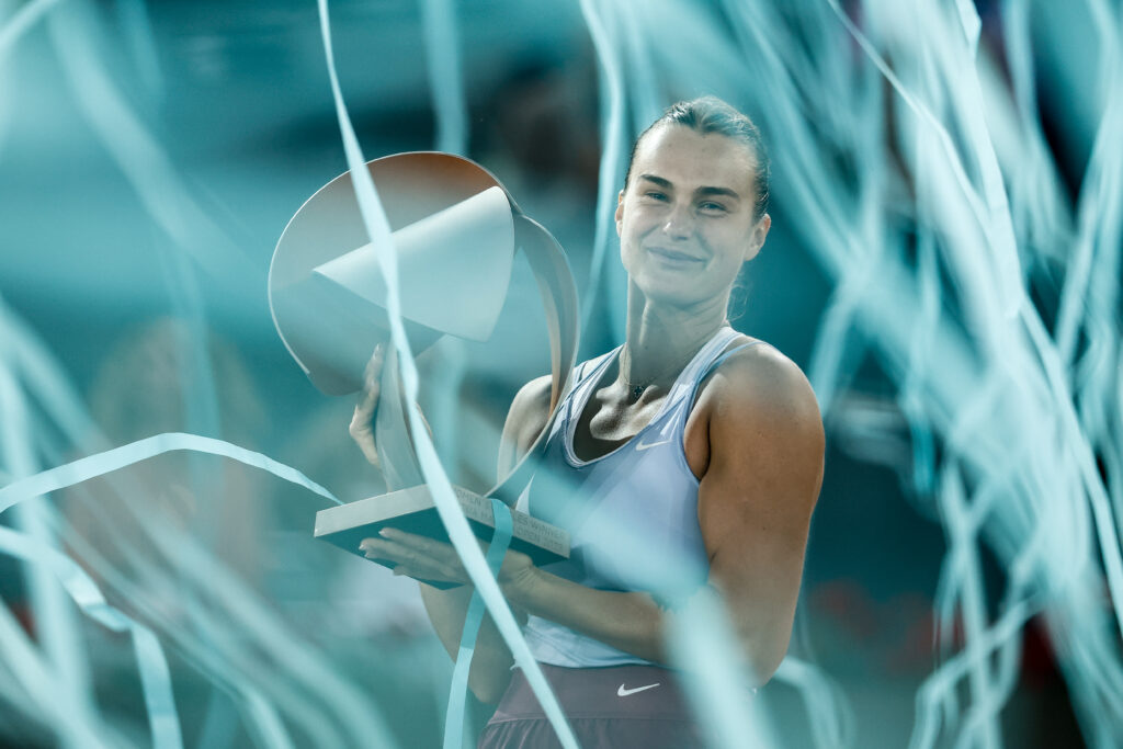 Aryna Sabalenka celebrates after winning the 2023 Madrid Open