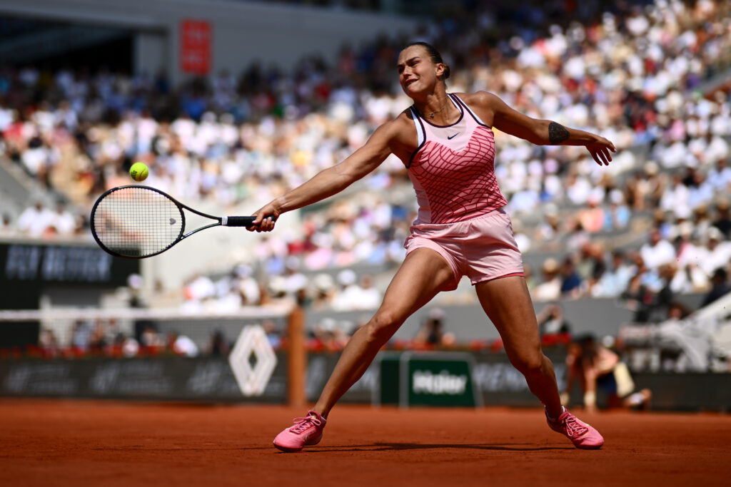 Aryna Sabalenka plays a backhand against Karolina Muchova of Czech Republic during the Women's Singles Semi-Final match on Day Twelve of the 2023 French Open at Roland Garros on June 08, 2023 in Paris, France.