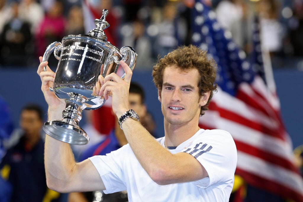 Andy Murray of Great Britain lifts the US Open championship trophy after defeating Novak Djokovic of Serbia in the men's singles final match on Day Fifteen of the 2012 US Open at USTA Billie Jean King National Tennis Center on September 10, 2012 in the Flushing neighborhood of the Queens borough of New York City. Murray defeated Djokovic 7-6, 7-5, 2-6, 3-6, 6-2.