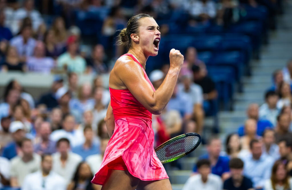 Aryna Sabalenka of Belarus in action against Daria Kasatkina of Russia in the fourth round on Day 8 of the US Open at USTA Billie Jean King National Tennis Center on September 04, 2023 in New York