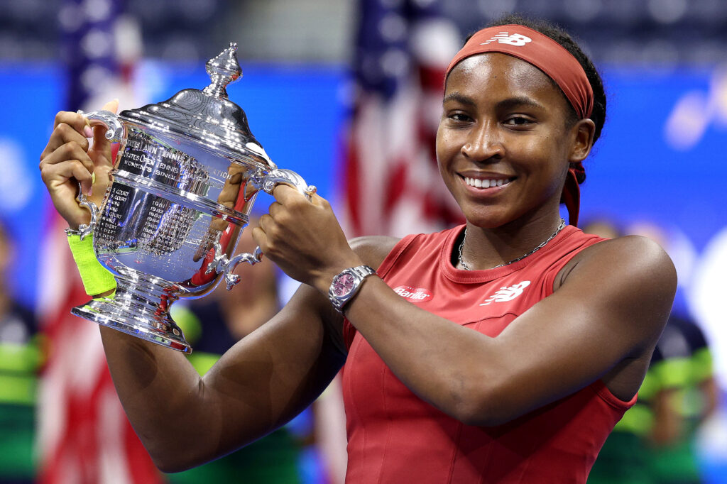 Coco Gauff of the United States celebrates after defeating Aryna Sabalenka of Belarus in their Women's Singles Final match on Day Thirteen of the 2023 US Open at the USTA Billie Jean King National Tennis Center on September 09, 2023 in the Flushing neighborhood of the Queens borough of New York City.