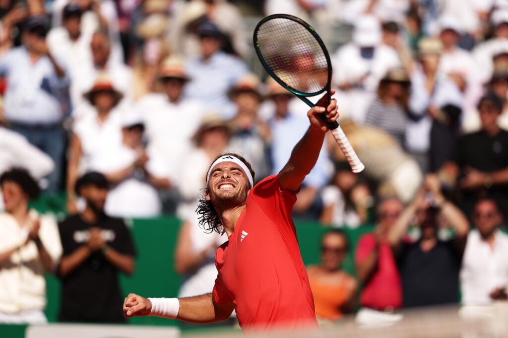 Stefanos Tsitsipas of Greece celebrates victory during the semi-final match against Jannik Sinner of Italy during day seven of the Rolex Monte-Carlo Masters at Monte-Carlo Country Club on April 13, 2024 in Monte-Carlo, Monaco.