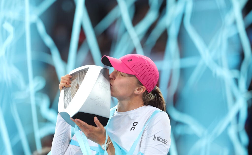 Iga Swiatek celebrates after winning the 2024 Madrid Open