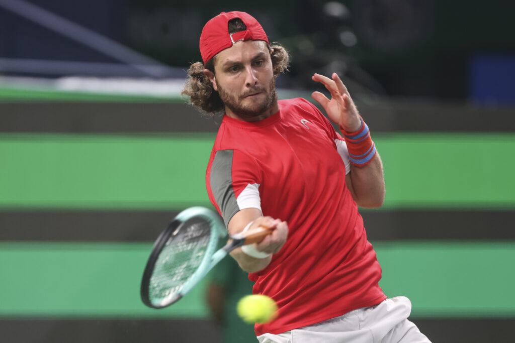 Marco Trungelliti of Argentina returns a shot in the 1st Round Qualifying match against Jie Cui of China on Day 1 of 2024 Shanghai Rolex Masters at Qi Zhong Tennis Centre on September 30, 2024 in Shanghai, China.
