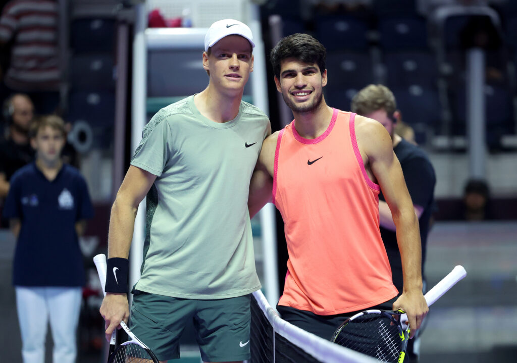 Jannik Sinner of Italy (left) and Carlos Alcaraz of Spain pose for a photo together ahead of their Men's Singles Final match on day three of the Six Kings Slam 2024 at Kingdom Arena on October 19, 2024 in Riyadh, Saudi Arabia.