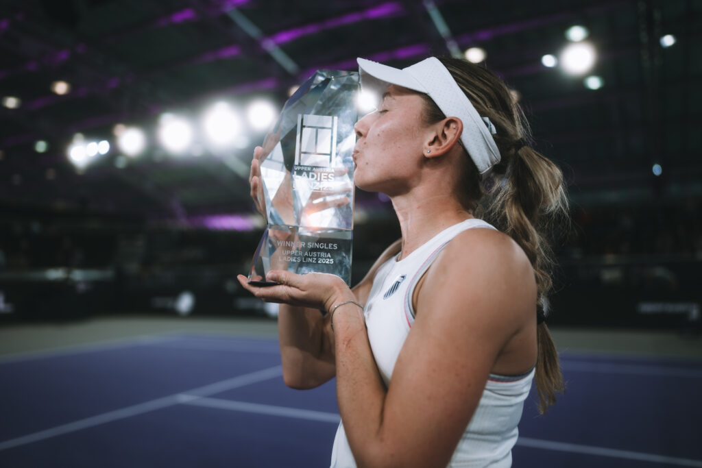 Ekaterina Alexandrova celebrates winning with the trophy during day seven of the Upper Austria Ladies Linz 2025 on February 02, 2025 in Linz, Austria.