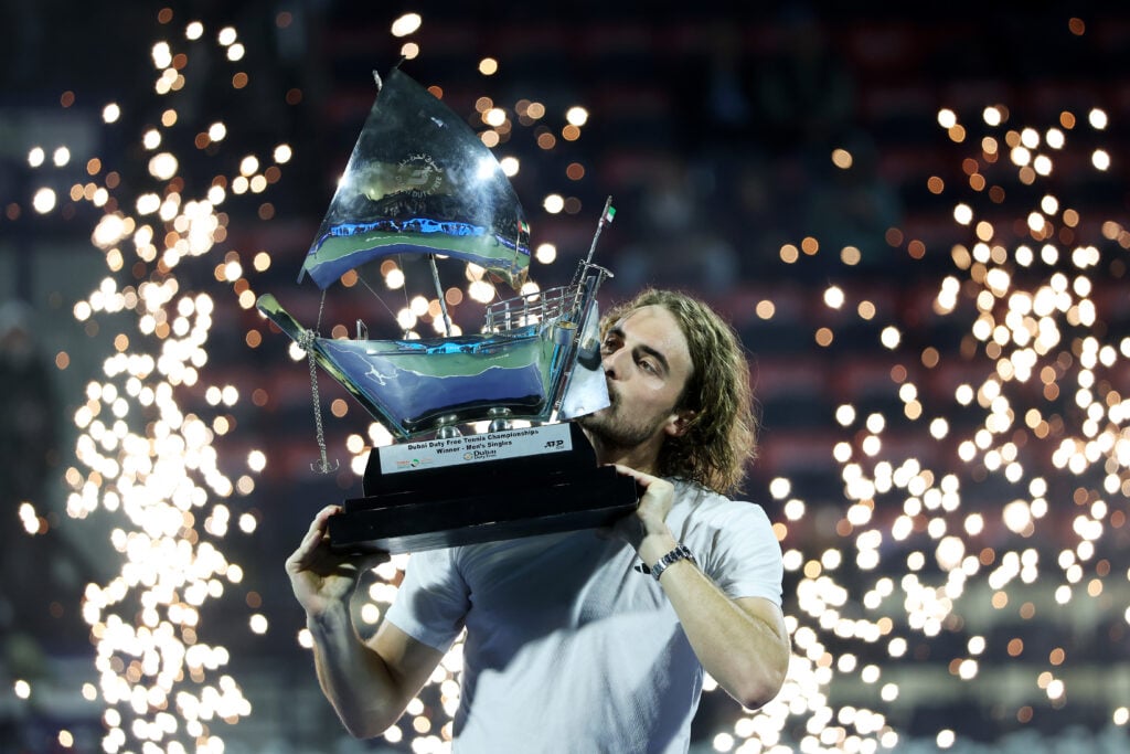 Stefanos Tsitsipas celebrates winning the Dubai Tennis Championships