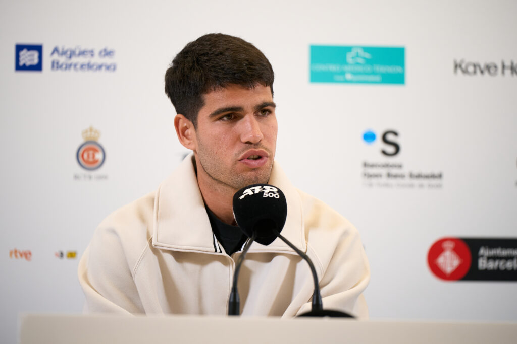 Carlos Alcaraz of Spain talks to the media during a press conference ahead of the start the Barcelona Open Banc Sabadell 2025 at Real Club De Tenis Barcelona on April 14, 2025 in Barcelona, Spain.