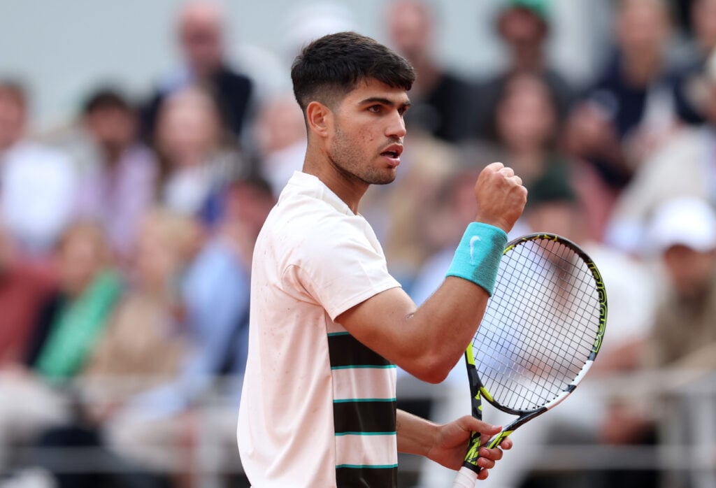 Carlos Alcaraz of Spain celebrates a point against Ben Shelton of United States during the Men's Singles Fourth Round match on Day Eight of the 2025 French Open at Roland Garros on June 01, 2025 in Paris, France.