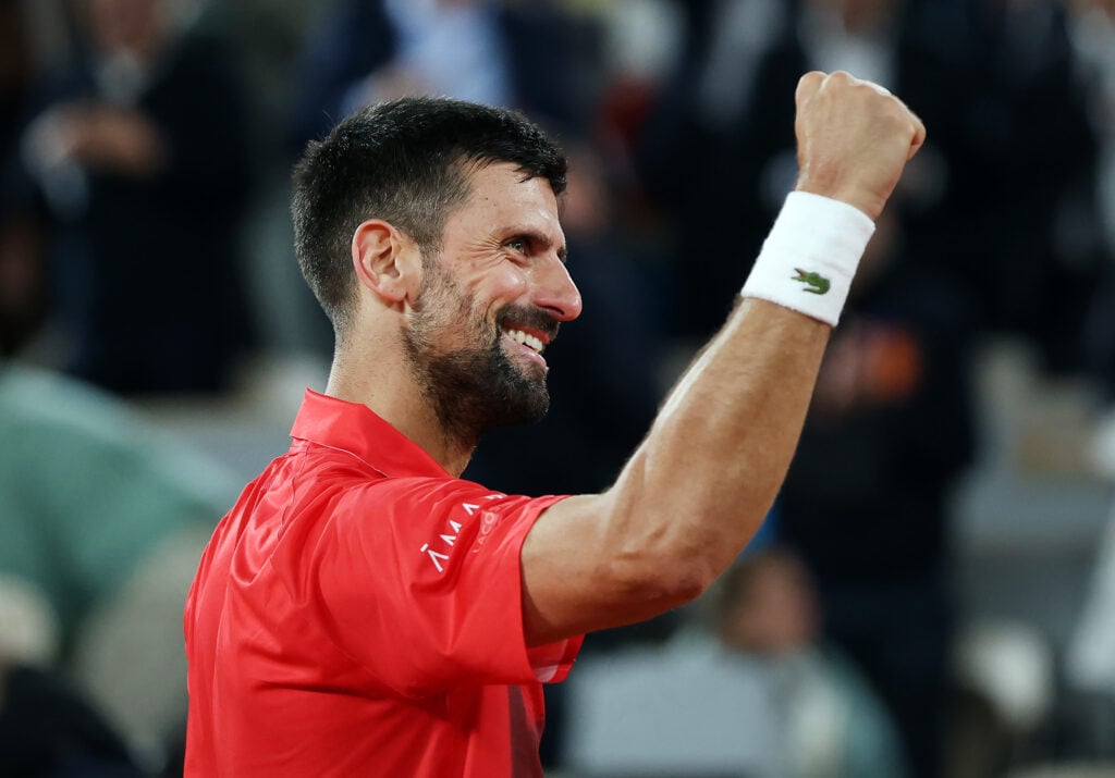 Novak Djokovic celebrates at the 2025 French Open