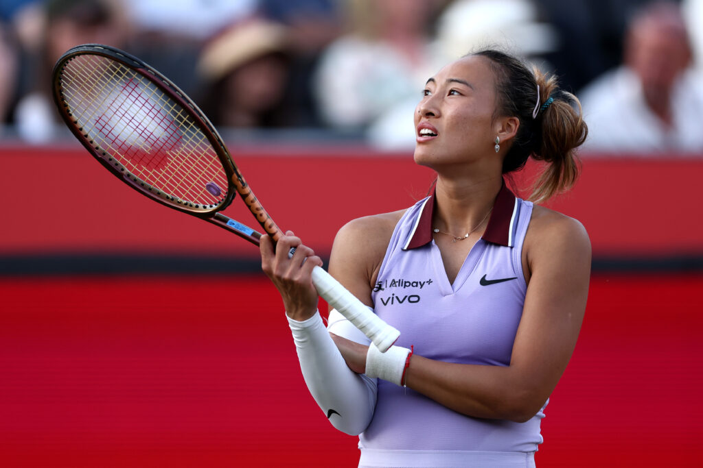 Zheng Qinwen of People's Republic of China looks on against McCartney Kessler of United States during the Women's Singles Second Round match on Day Four of the 2025 HSBC Championships at The Queen's Club on June 12, 2025 in London, England.