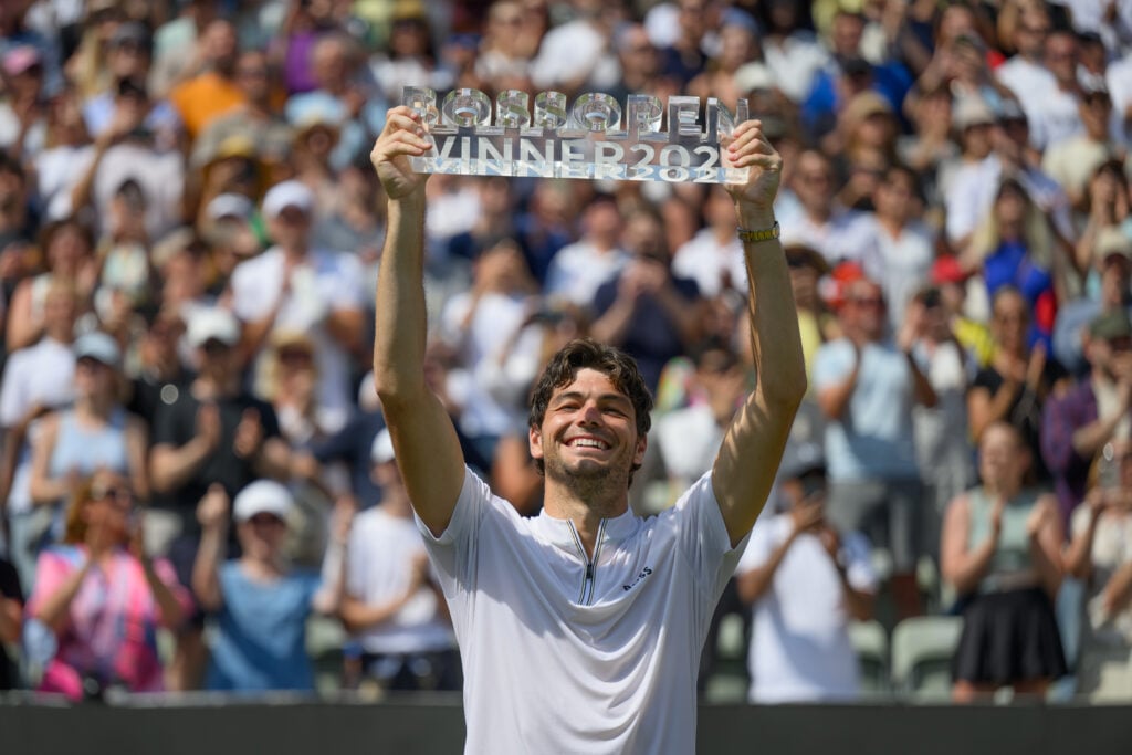 Taylor Fritz of United States of America celebrates after winning the final match against Alexander Zverev of Germany during day seven of the BOSS Open 2025 on June 15, 2025 in Stuttgart, Germany.