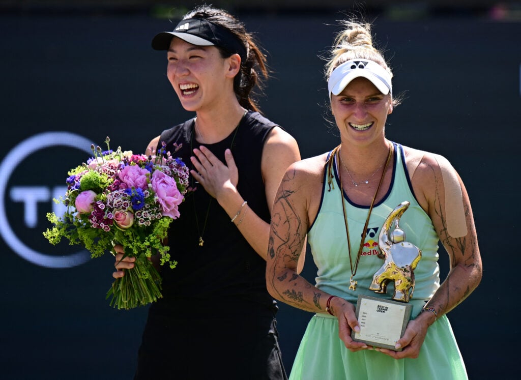 Winner Czech Republic's Marketa Vondrousova celebrates with the trophy after the women's single final match of the WTA tennis tournament in Berlin on June 22, 2025.