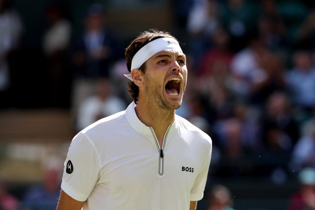 Taylor Fritz celebrates at Wimbledon in 2025