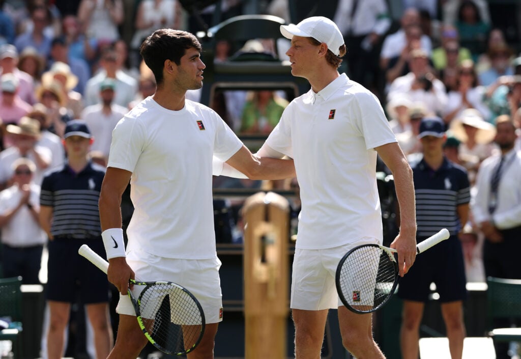 Carlos Alcaraz and Jannik Sinner meet at the net