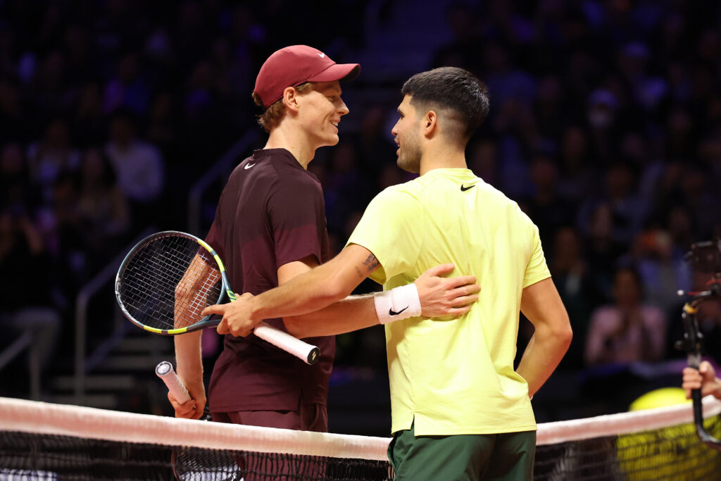 Carlos Alcaraz of Spain celebrates with Jannik Sinner of Italy after the Hyundai Card Super Match between Jannik Sinner and Carlos Alcaraz at Inspire Arena on January 10, 2026 in Incheon, South Korea.