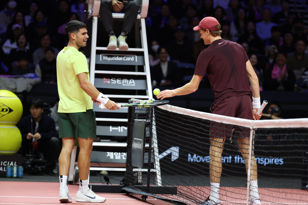 Jannik Sinner of Italy and Carlos Alcaraz of Spain during the Hyundai Card Super Match between Jannik Sinner and Carlos Alcaraz at Inspire Arena on January 10, 2026 in Incheon, South Korea.
