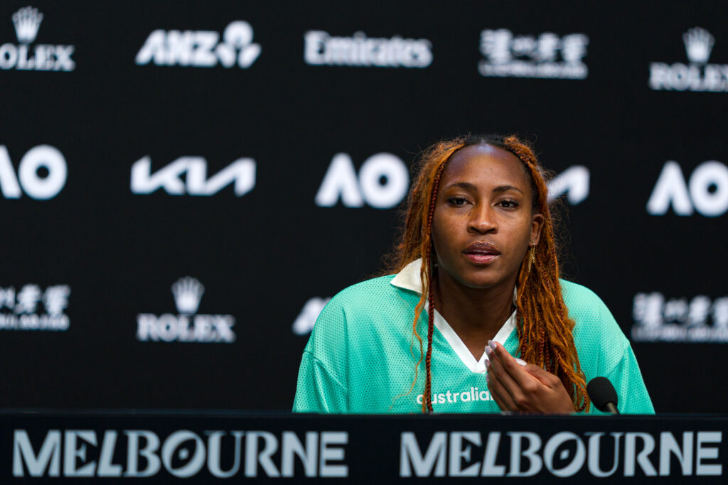 Coco Gauff of the United States talks to the media during a press conference ahead of the 2026 Australian Open at Melbourne Park on January 16, 2026 in Melbourne, Australia.