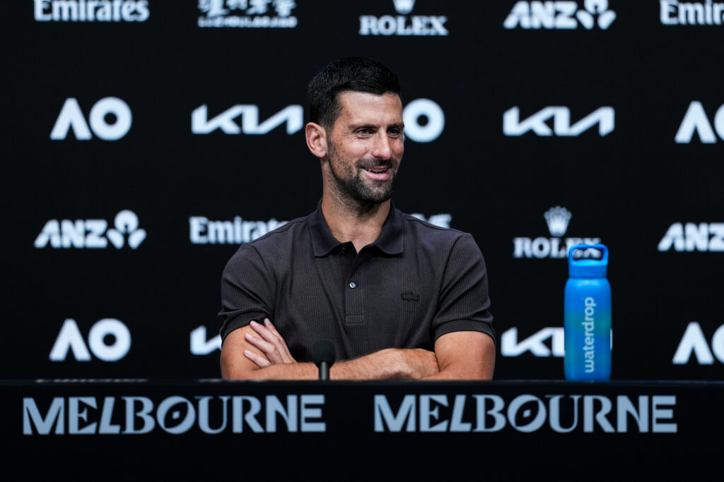 Novak Djokovic of Servia talks to the media at a press conference ahead of the 2026 Australian Open at Melbourne Park on January 17, 2026 in Melbourne, Australia.