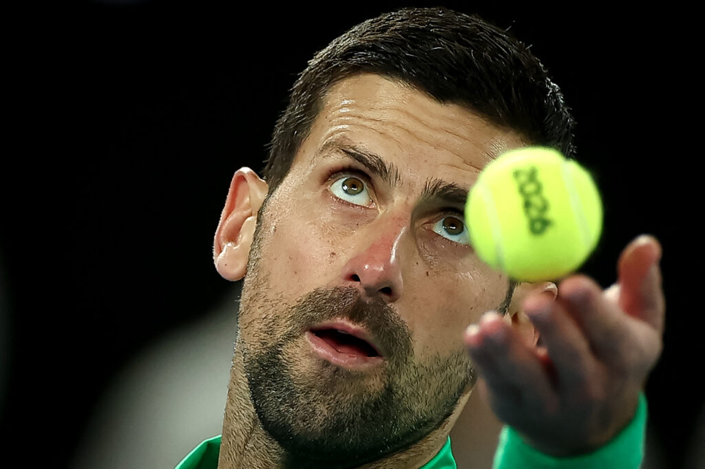 Novak Djokovic serves at the 2026 Australian Open