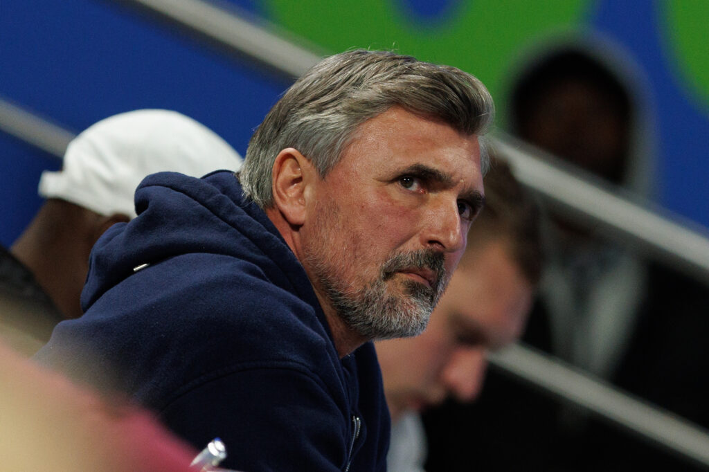 Goran Ivanisevic, the coach of Arthur Fils of France during their men's singles quarterfinal match at the Qatar ExxonMobil Open at Khalifa International Tennis and Squash Complex on February 19, 2026 in Doha, Qatar.