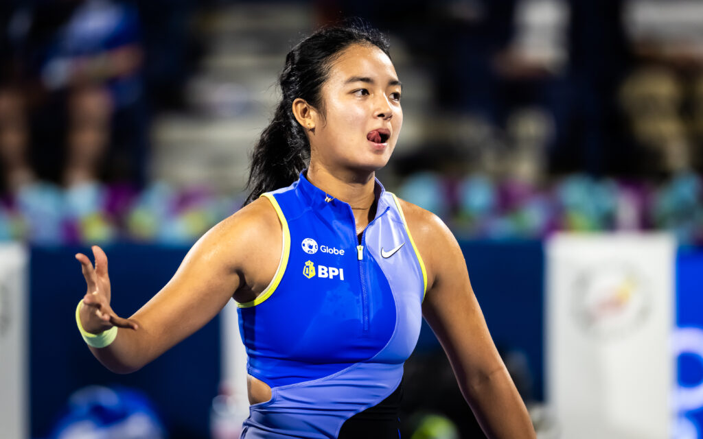 Alexandra Eala of the Philippines reacts while playing against Coco Gauff of the United States in the quarter-final on Day Five of the Dubai Duty Free Tennis Championships, part of the Hologic WTA Tour at Dubai Duty Free Tennis Stadium on February 19, 2026 in Dubai, United Arab Emirates