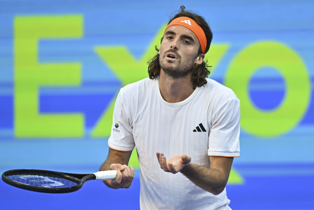 Stefanos Tsitsipas of Greece competes against Andrey Rublev of Russia in the quarterfinal at the ATP men's Qatar ExxonMobil Open 2026 tennis tournament at the Khalifa International Tennis Complex in Doha, Qatar, on February 19, 2026.