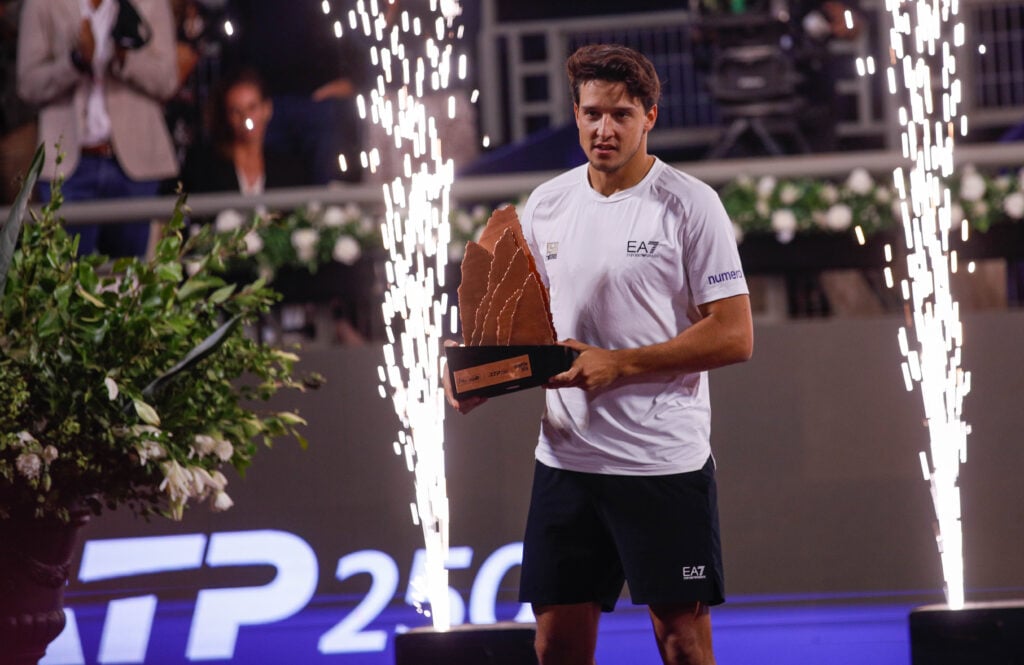 Luciano Darderi celebrates after winning the 2026 Chile Open