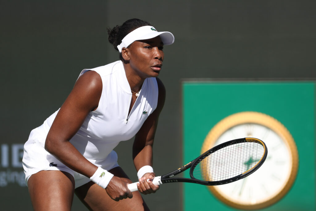 Venus Williams (USA) receives serve during the BNP Paribas Open on March 5, 2026 at Indian Wells Tennis Garden in Indian Wells, CA.