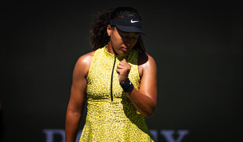 Naomi Osaka of Japan in action against Aryna Sabalenka in the fourth round on Day 7 of the BNP Paribas Open at Indian Wells Tennis Garden on March 10, 2026 in Indian Wells, California