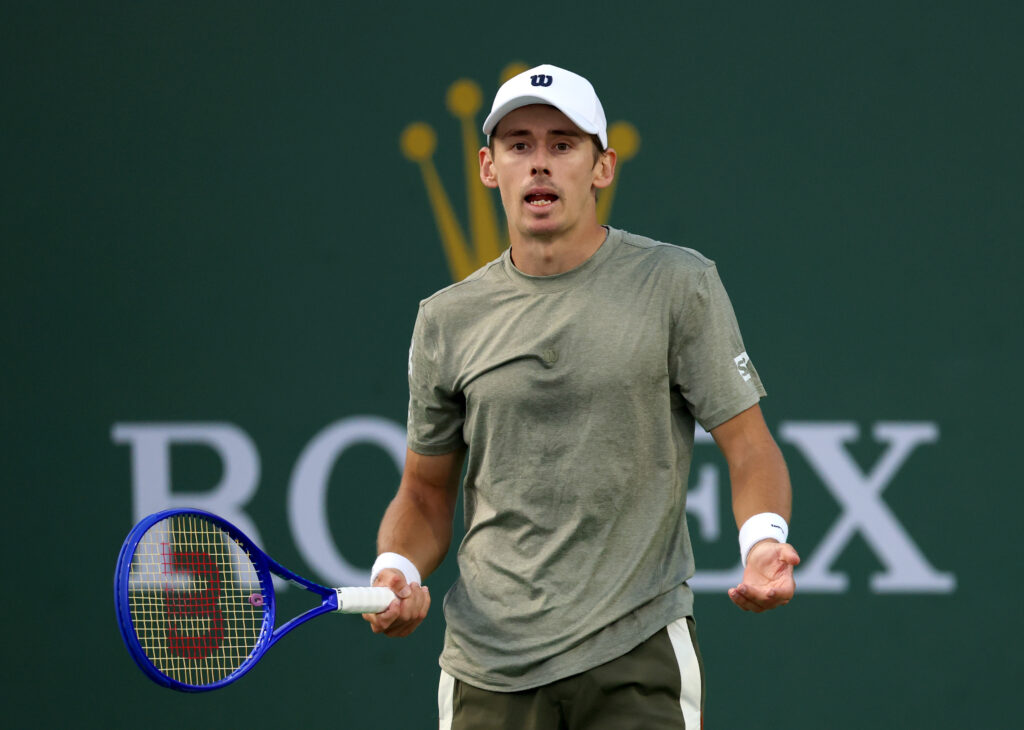 Alex De Minaur of Australia reacts to a lost point in a match against Sebastian Korda of the United States during Day 4 of the BNP Paribas Open at Indian Wells Tennis Garden on March 07, 2026 in Indian Wells, California.