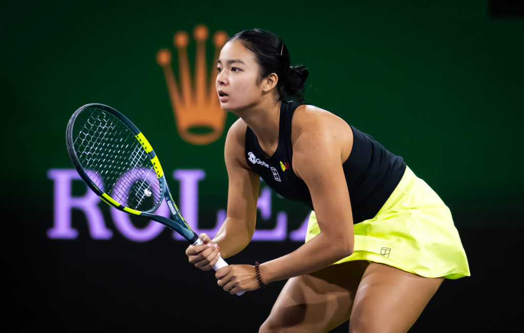 Alexandra Eala of the Philippines in action against Linda Noskova of the Czech Republic in the fourth round on Day 7 of the BNP Paribas Open at Indian Wells Tennis Garden on March 10, 2026 in Indian Wells, California.