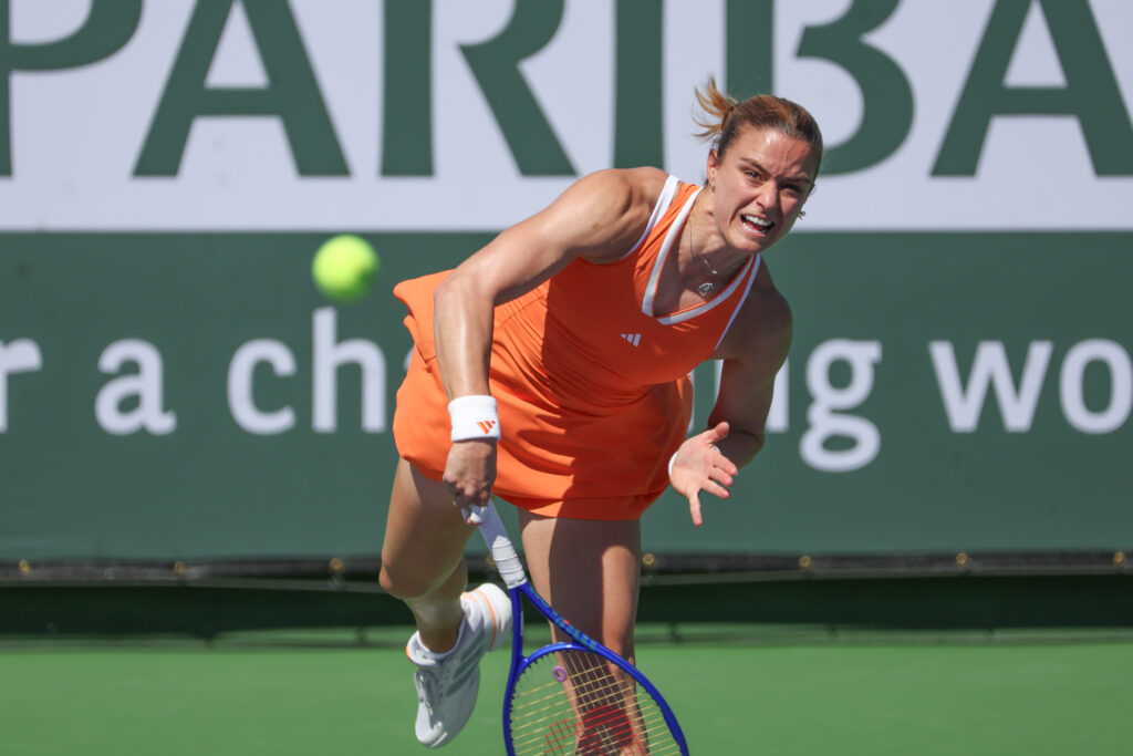 Maria Sakkari (GRE) serves during the BNP Paribas Open on March 12, 2026 at Indian Wells Tennis Garden in Indian Wells, CA.