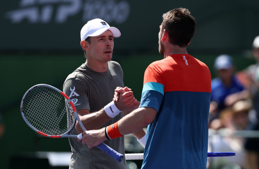 Cameron Norrie of Great Britain shakes hands at the net after his straight sets victory against Alex De Minaur of Australia in their third round match of the BNP Paribas Open at Indian Wells Tennis Garden on March 09, 2026 in Indian Wells, California.