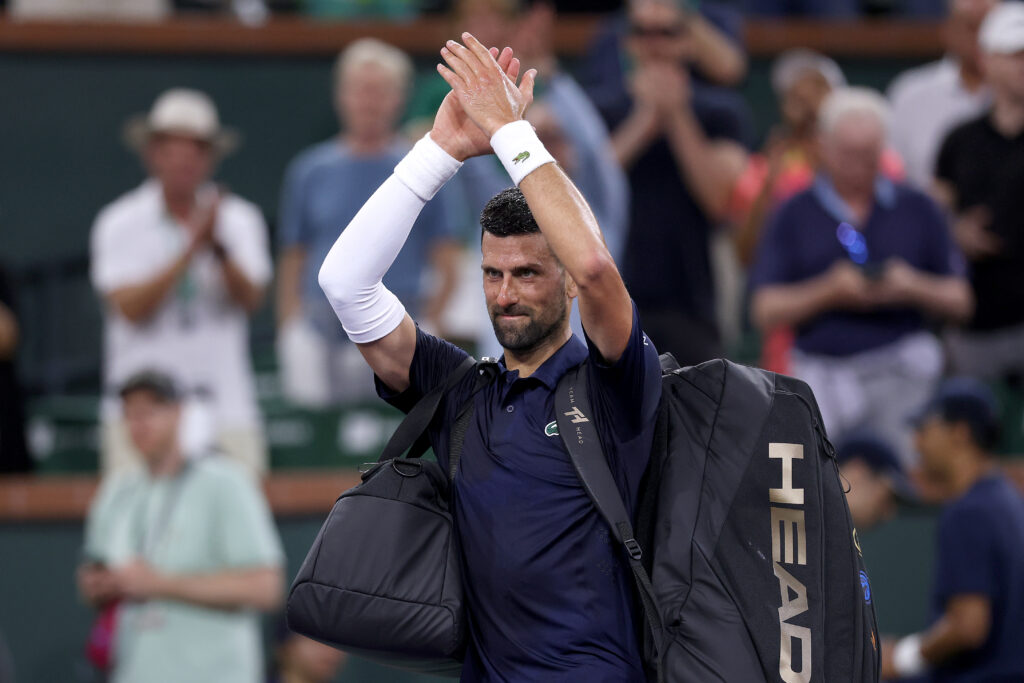 Novak Djokovic of Serbia leaves the court after his loss to Jack Draper of Great Britain during Day 8 of the BNP Paribas Open at the Indian Wells Tennis Garden on March 11, 2026 in Indian Wells, California.