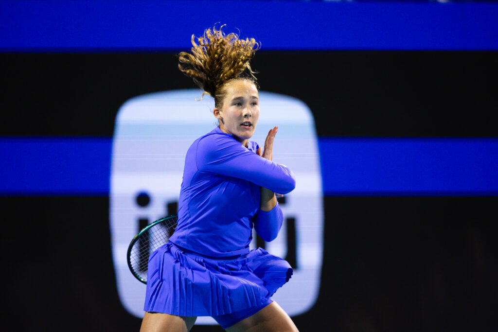 Mirra Andreeva competes against McCartney Dressler of the United States during their first-round match on Day 3 of the Miami Open at Hard Rock Stadium in Miami Gardens, Florida, on March 19, 2026.