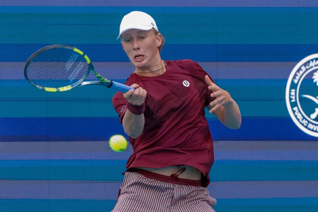 Ethan Quinn (USA) in action during his Men's Singles match against Kasper Ruud (NOR) at the Miami Open on March 20, 2026, at Hard Rock Stadium in Miami Gardens, Florida