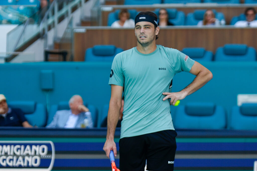Taylor Fritz (USA) in action during a men's fourth round singles match against Jiri Lehecka (CZE) at the Miami Open on March 24, 2026, at Hard Rock Stadium in Miami Gardens, Florida